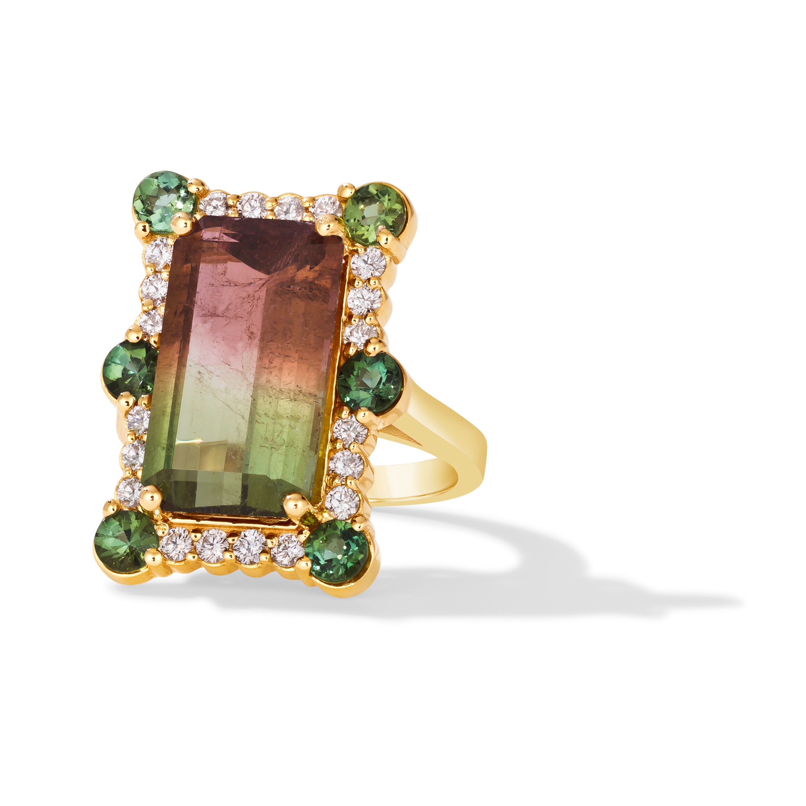 Emerald Cut Bicolored and Green Tourmaline Elegant Diamond Ring 201
