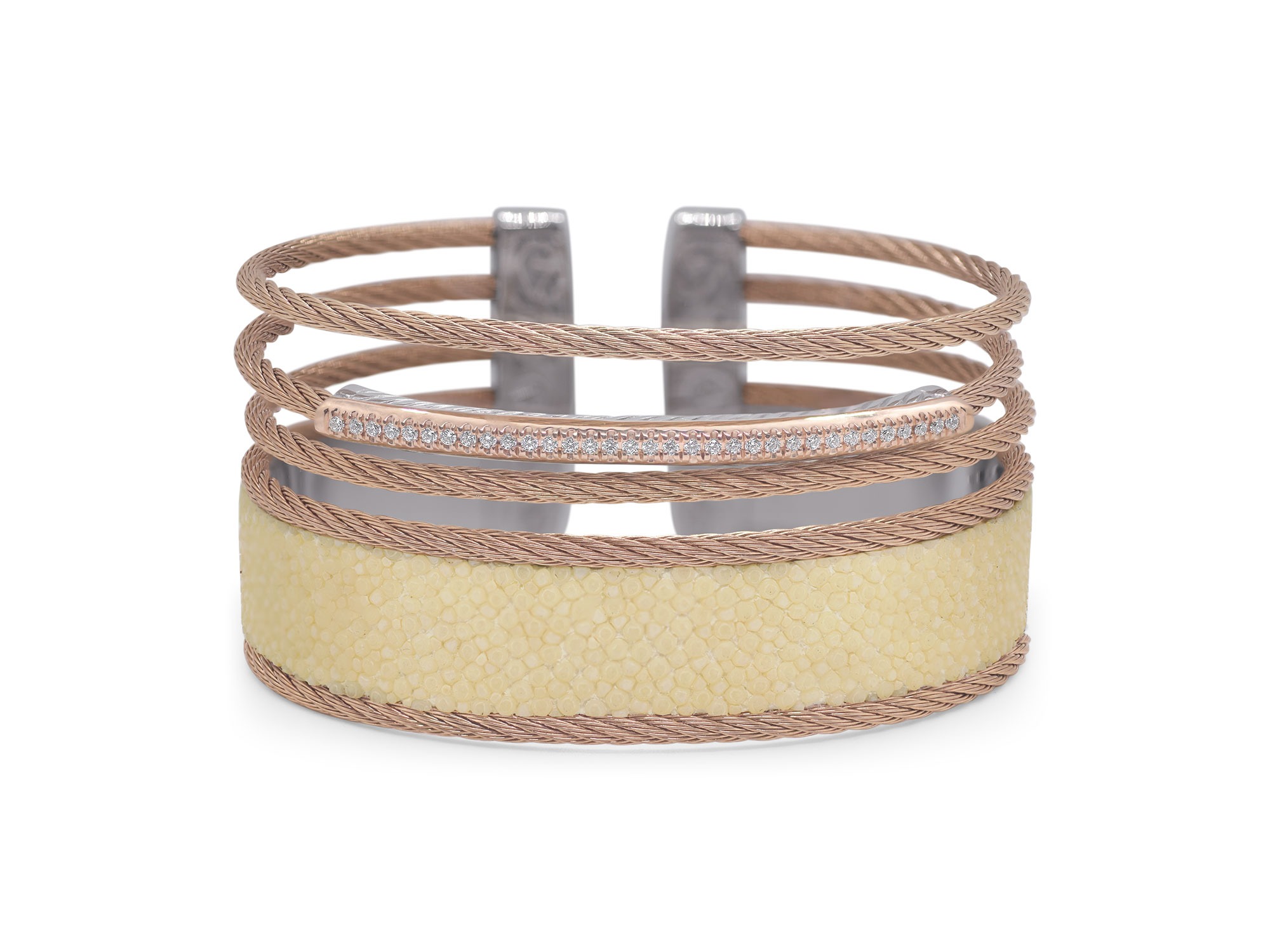 ALOR Rose Cable Stacked Wide Open Cuff with White Stingray and 18K Gold & Diamonds 564
