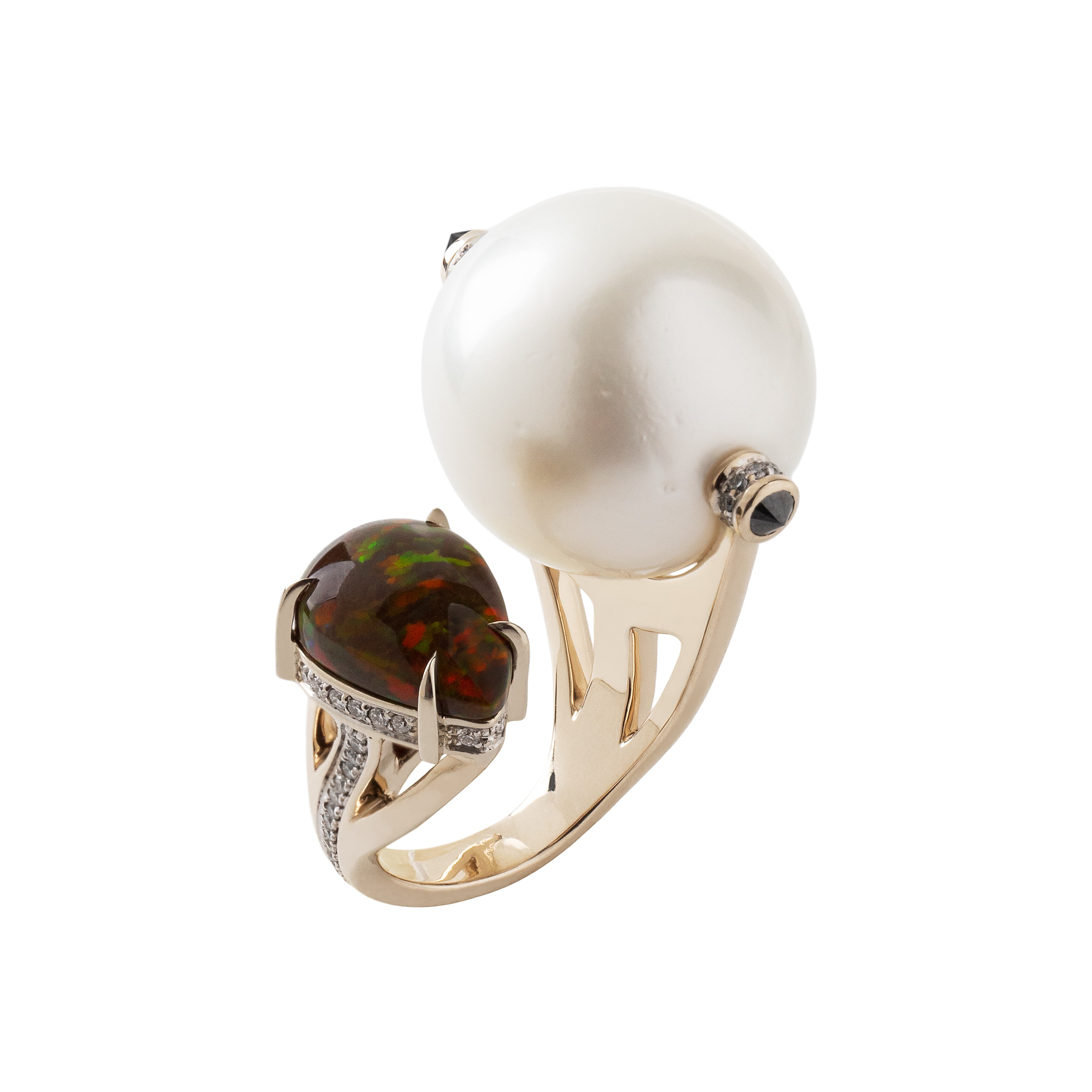 South Sea Pearl open ring with opal, inverted black diamonds and white diamonds in 18k white gold. 571